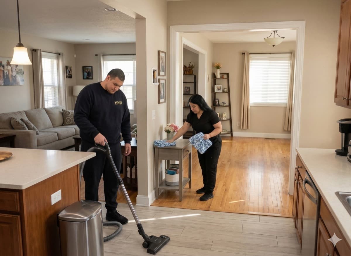 A Beyond Clean Team member moving furniture to wash the floor underneath in a Union County, NJ home
